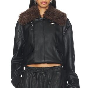 superdown Black Faux Leather Cropped Jacket with Brown Shearling Collar